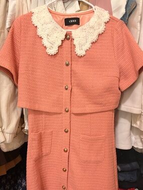 Peach Tweed Dress with White Crochet Collar